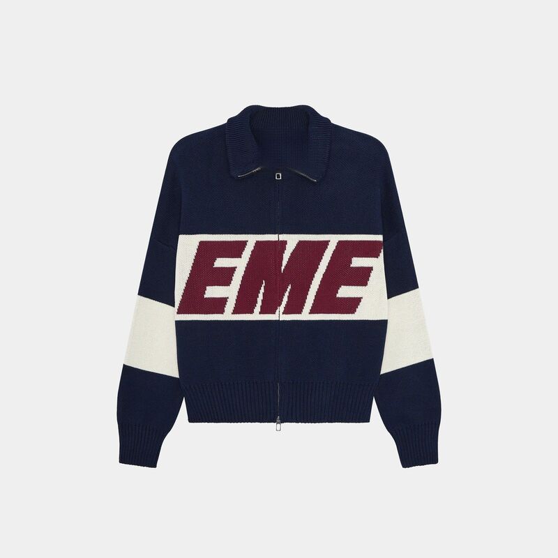 European and American Eme Double-Zip Knitwear with Letter Jacquard, Women's Top, Unisex Loose and Lazy Sweater