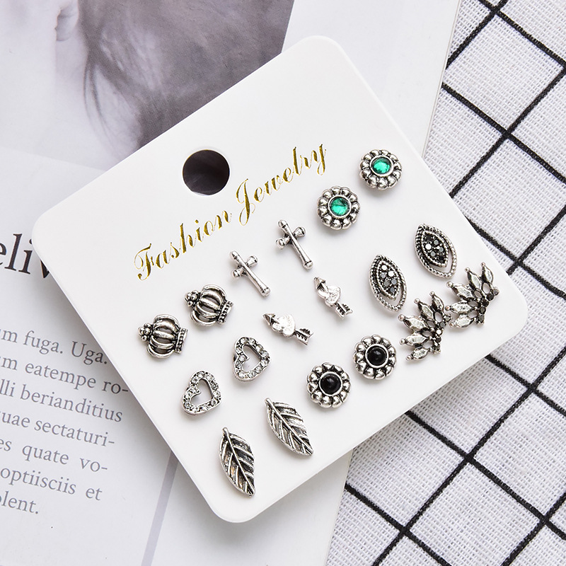 retro carved leaf geometric hollow earrings 9 pairs sets wholesale
