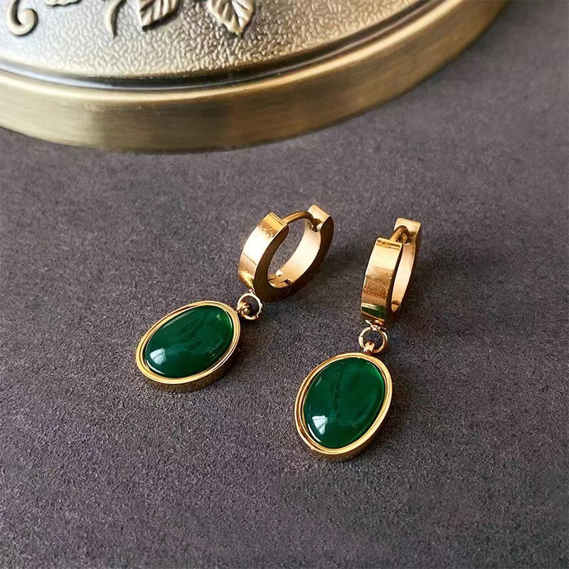 Fashion Titanium Steel Irregular Emerald Ear Buckle Women's Golden Geometric European and American Earrings Simple Emerald Earrings Jewelry
