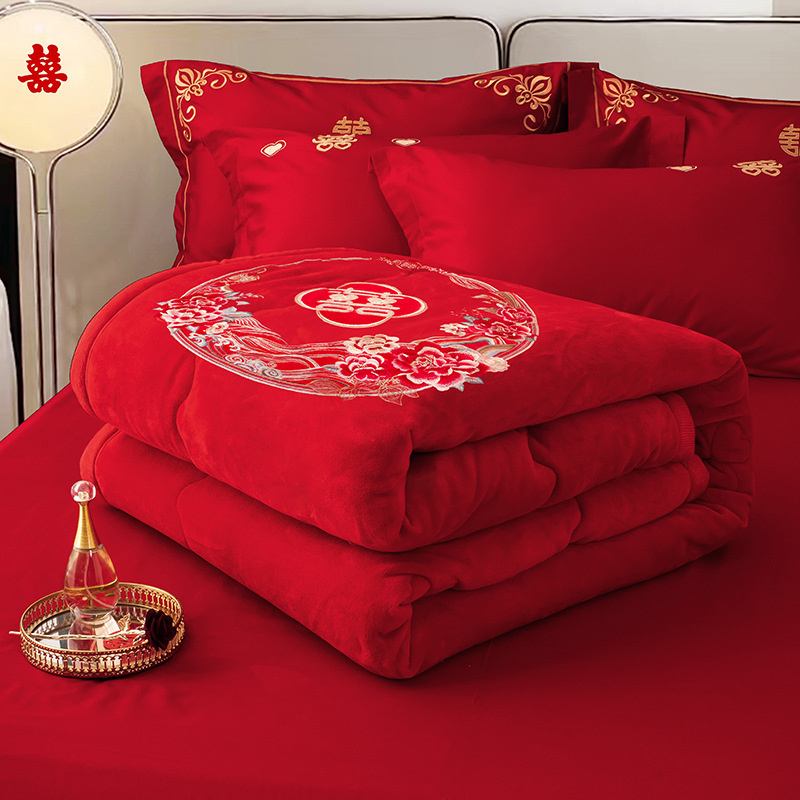 2024 새로운 우유 벨벳 자수 담요 웨딩 함께 빨간 담요 남성 웨딩 룸 두꺼운 담요 섬세한 머리
