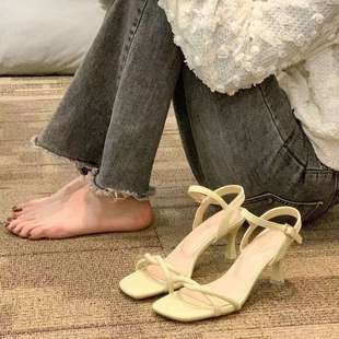 2025 New Summer Style Thin Strap Square Toe Sandals, Versatile High Heels, Western Style Korean Style with Skirt, Light Luxury Women's Shoes