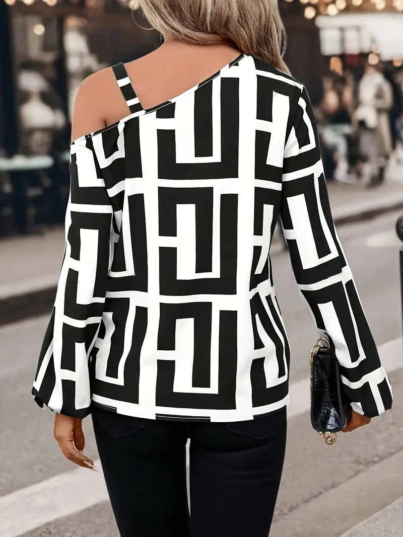 273g Weight Long Sleeve Sleeve Length Polyester Fabric Type Regular Top Length Blouse Tops Type Casual, Daily Occasion Oblique collar Neckline Regular Fit Fit Type Geometric Pattern Spring, Autumn Season Women's Gender Printing Design Elegant, Streetwear Style Wholesale Women's Elegant Streetwear Geometric Long Sleeve Printing Blouses 7