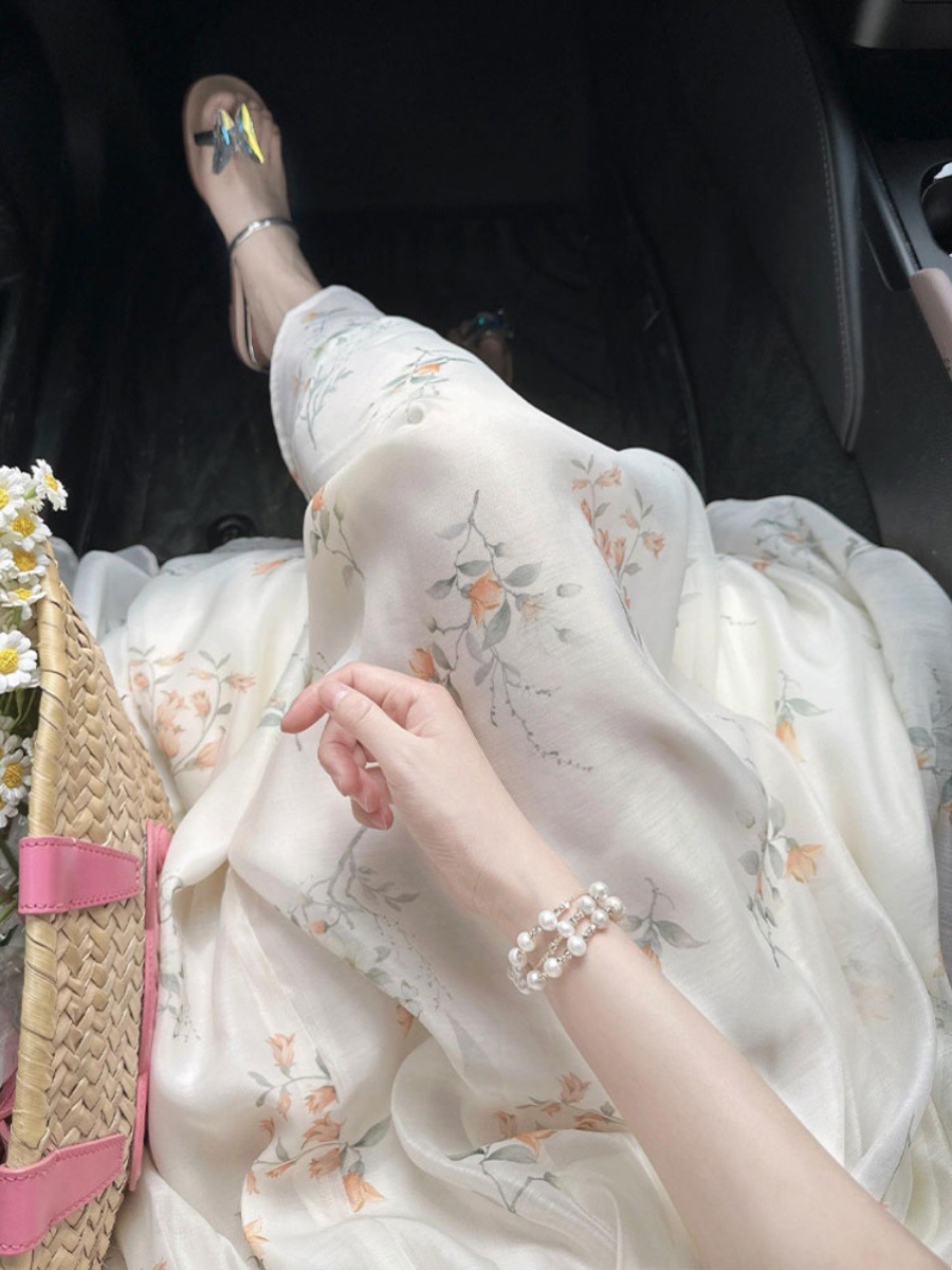 Váy liền hoa cổ chữ V tay bồng dáng dài mùa hè — Màu xanh lục nhạt chi tiết 7
