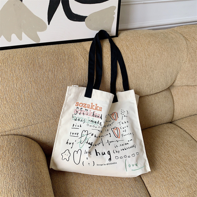 36273 Japanese and Korean canvas bag for women, versatile large-capacity embroidered and printed hand-held shoulder bag, student class bag undefined