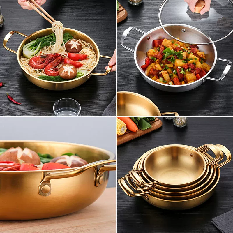 Stainless steel hot pot, double‑handle Korean style, silver or gold, Ø 18–26 cm