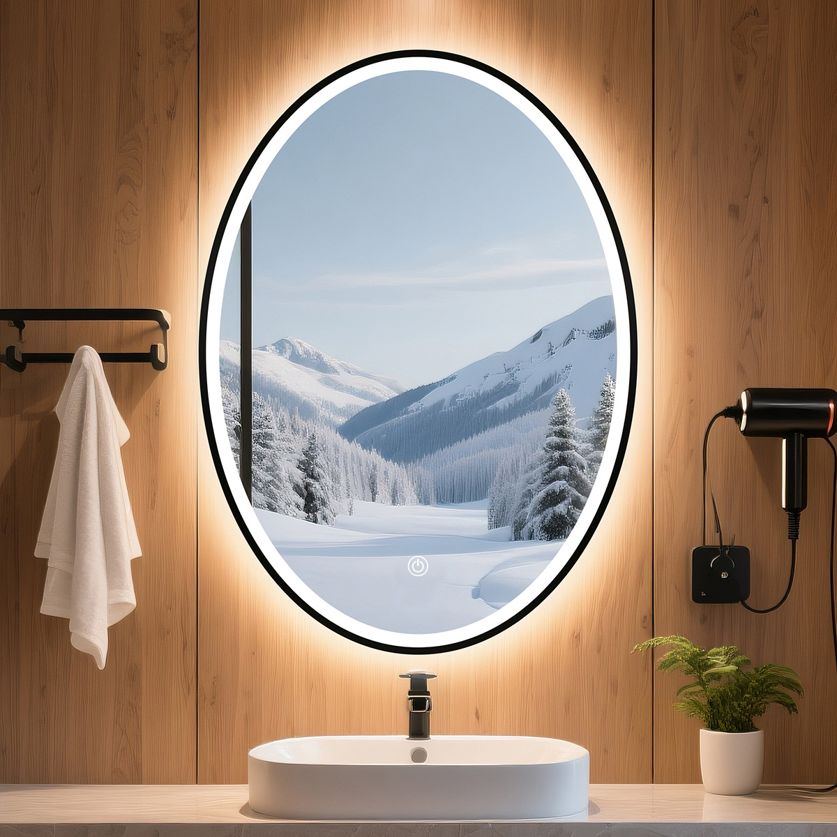 Hoteles transfronterizos residenciales espejo inteligente con marco de aleación de aluminio sin perforación de pared LED con lámpara de lámpara anti niebla baño elíptico