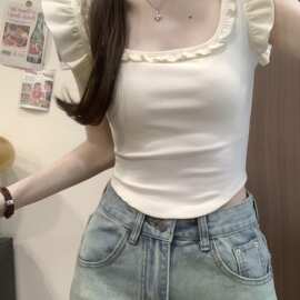 5206# 夏季新款 人棉 260克 夏季修身显瘦短款方领上衣女