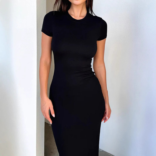 European and American Women's Spring Solid Color Elegant High-Elastic Body-Fitting Sexy Short-Sleeve Long Dress