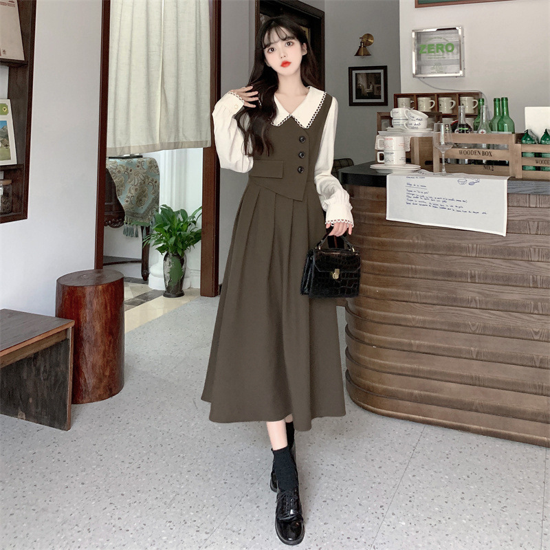 Plus size fake two-piece age-reducing doll collar dress women's autumn new French style waist-tight temperament long skirt