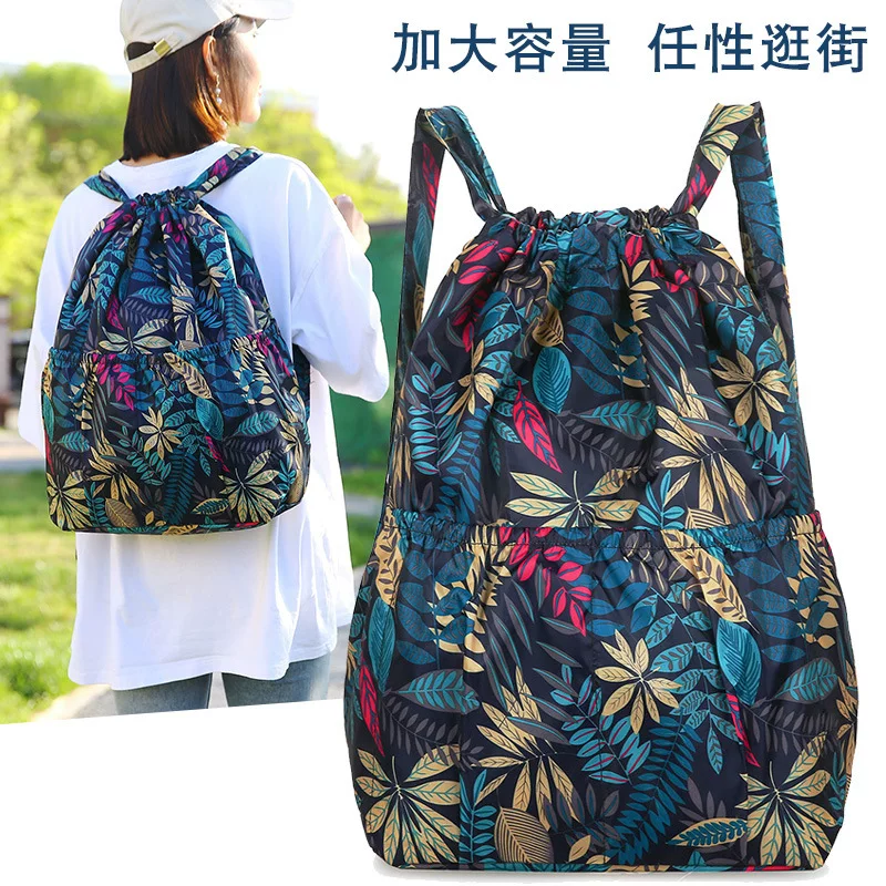 Capacious folding backpack, drawstring