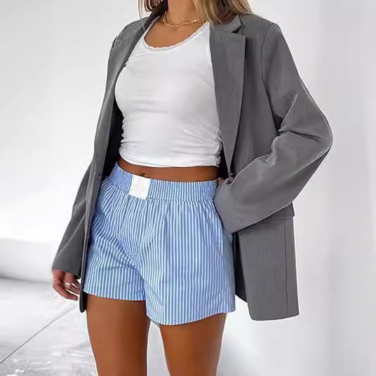 2024 New European and American Summer Fashion Casual Loose Pajamas Boxers with Pocket Comfortable Striped Shorts Women