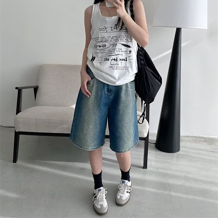 Washed Men's and Women's Mid-Length Pants 2025 Summer New Gradient Color Loose Straight Denim Shorts over the Knee Five-Point Pants Trendy