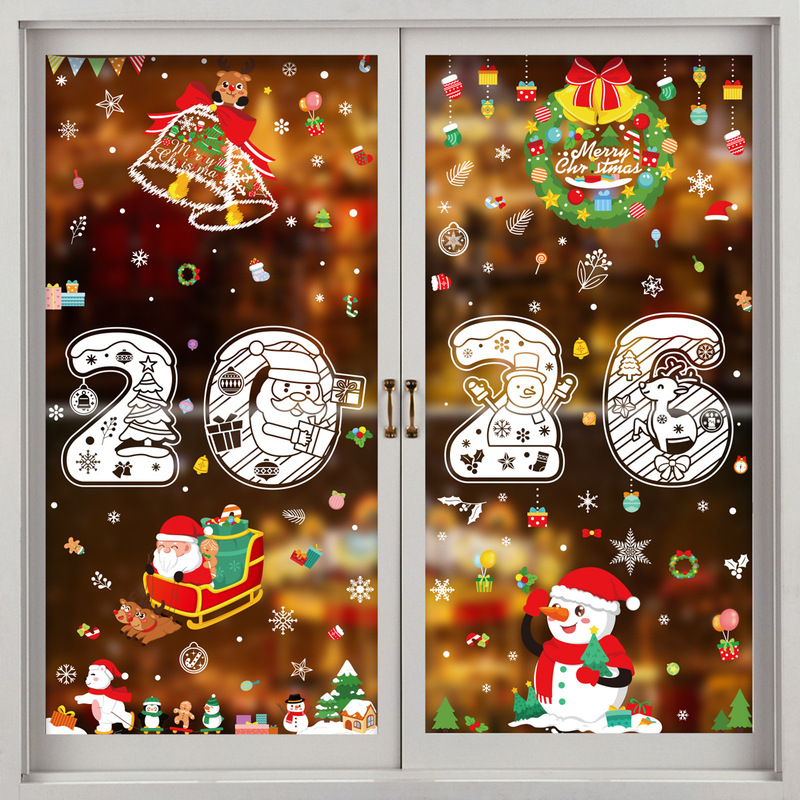 メリークリスマスステッカークリスマス製品ホワイトスノーフレーク静電ステッカーサンタヘラジカ雪だるまウィンドウステッカー卸売|undefined