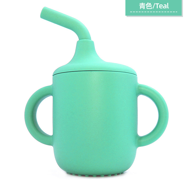 Taza de agua de silicona para niños, taza para aprender a beber, taza de agua con mango doble, taza de paja a prueba de caídas y fugas para bebés, taza de agua con dos orejas para beber directamente