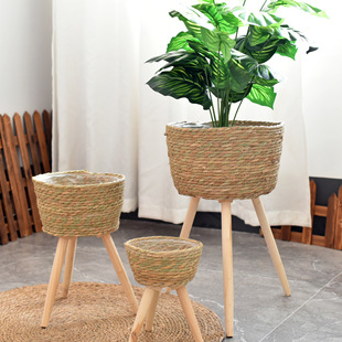 Nordic Style Living Room Flower Basket Flower Rattan Flower Pot Balcony Flower Rack Woven Straw Basket Ornaments Solid Wood Flower Pot Flower