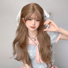 Wang Ming wig for women, long curly champagne color, long curly waves, breathable summer, air bangs, full head cover style