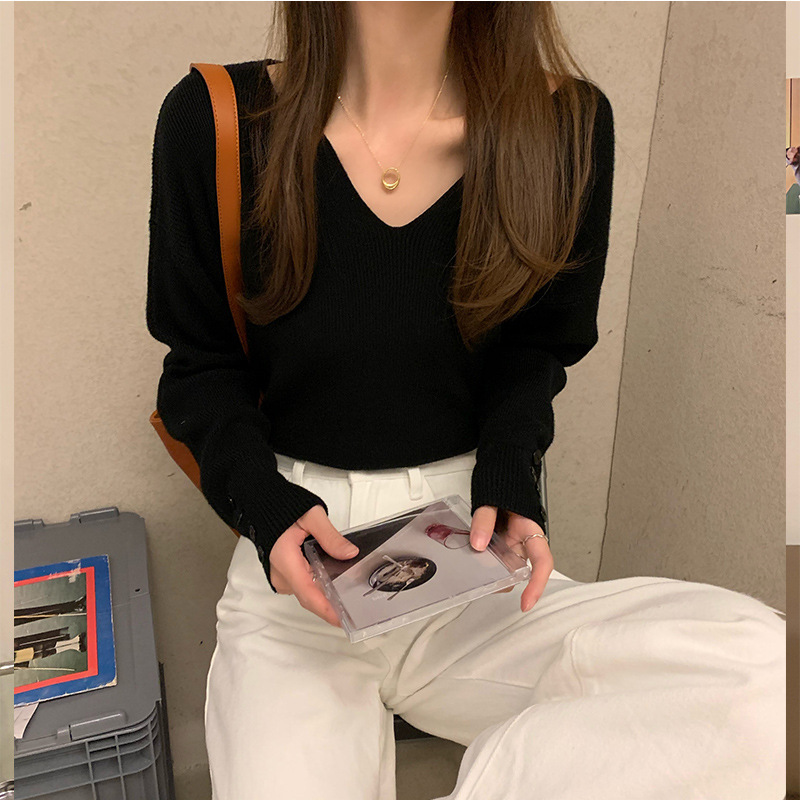 别致V领针织衫女慵懒风宽松毛衣打底衫春秋长袖冬装上衣内搭显瘦|undefined