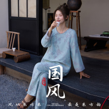 国风睡衣新中式纯棉双层纱薄款女春秋长袖定制家居服套装批发