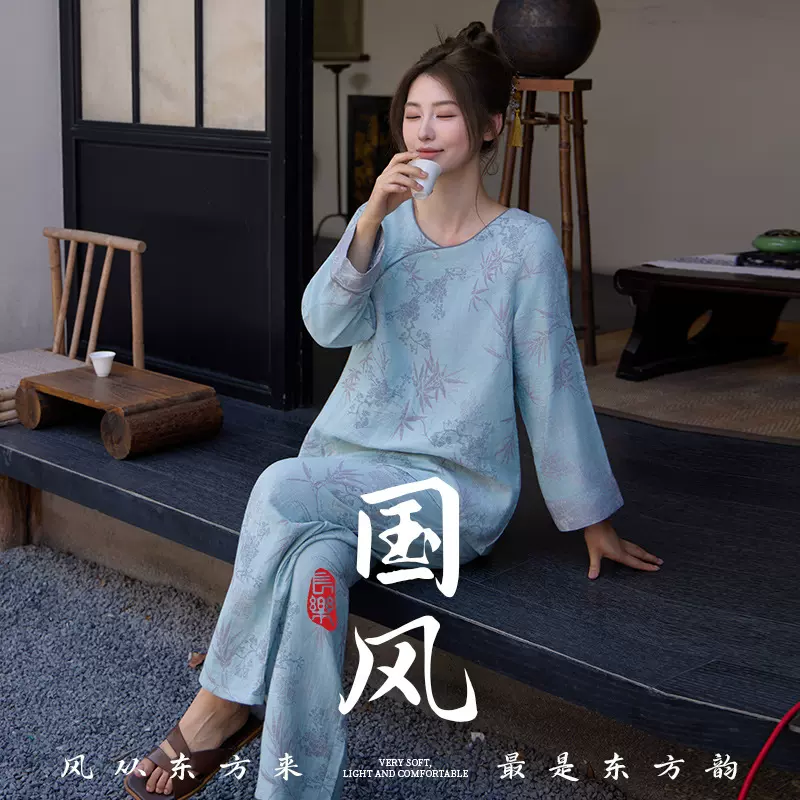 国风睡衣新中式纯棉双层纱薄款女春秋长袖定制家居服套装批发