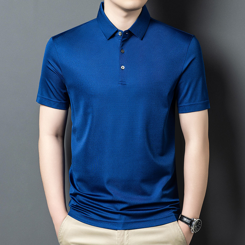Áo polo nam tay ngắn lụa tơ tằm cổ bẻ mỏng nhẹ — Màu xanh dương JS1601077