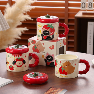 Mug with Lid Cute Tomato Cup Ceramic Water Cup Women's 2024 New Birthday Gift for Girls