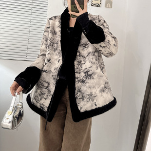 New Chinese Style Imitation Mink Suede Printed Ink Painting Eco-Friendly Fur Coat New Chinese Style Fur Women