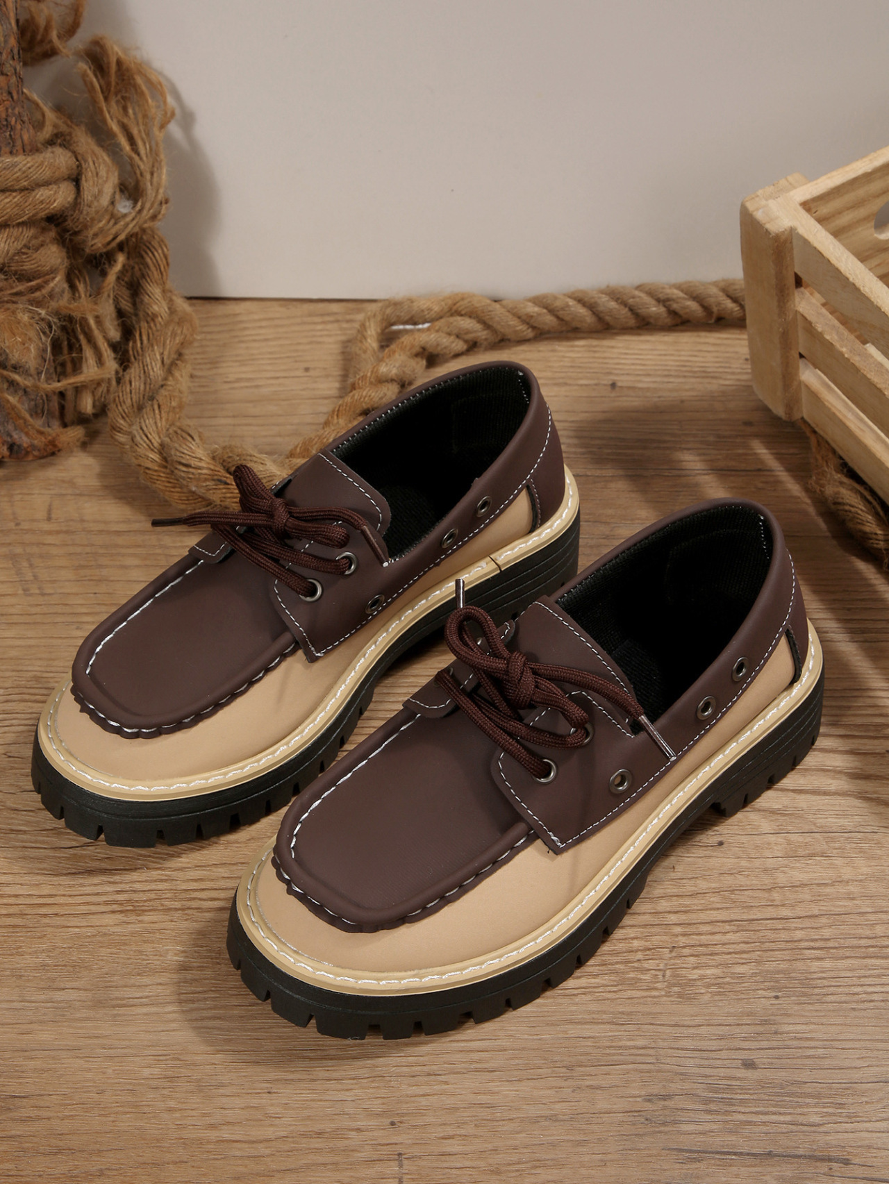 Women's Colour Block Loafers Lace Up Thick Sole Platform Shoes_voghion.com
