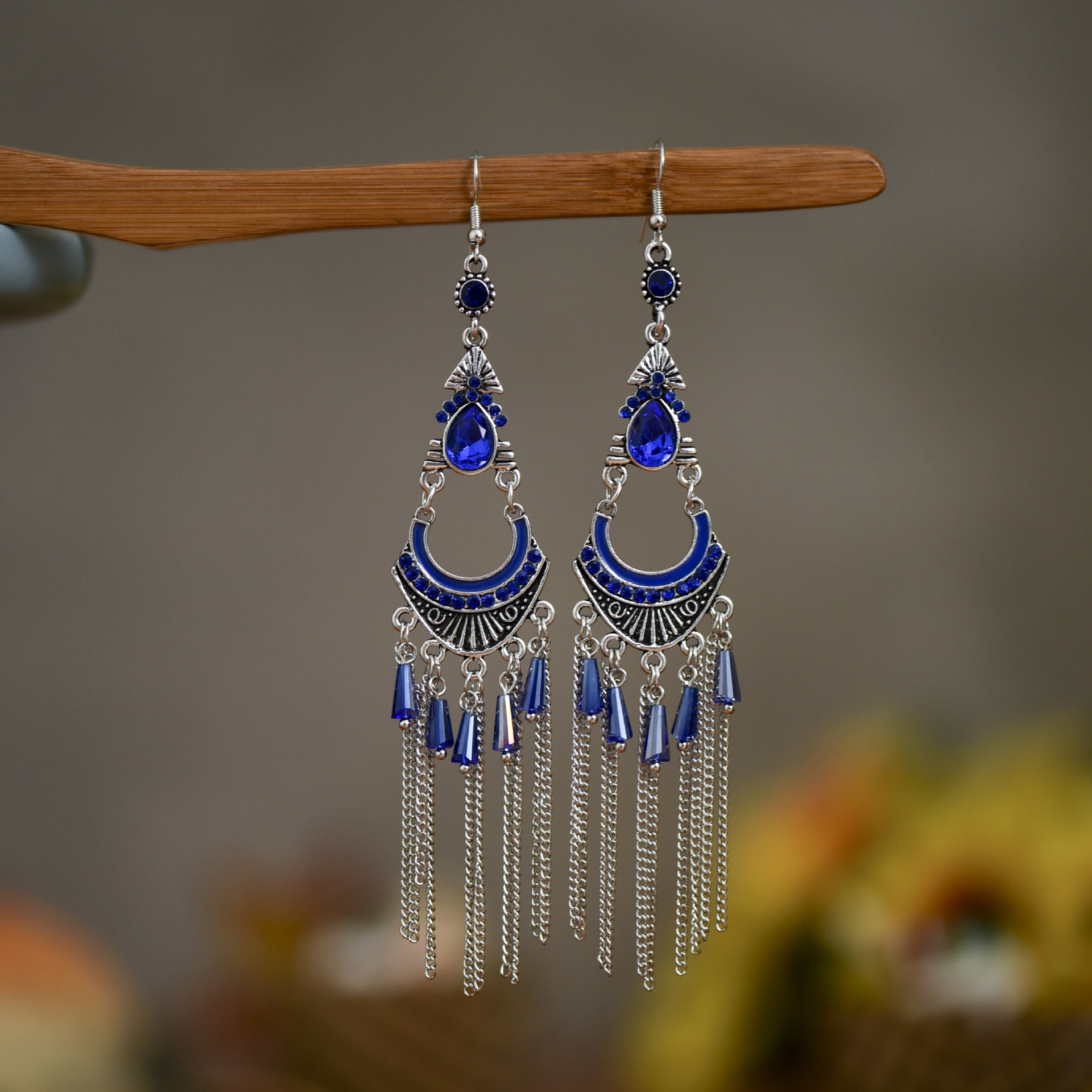 Fashion traditional tassel womens long ethnic crystal chain alloy earringspicture2