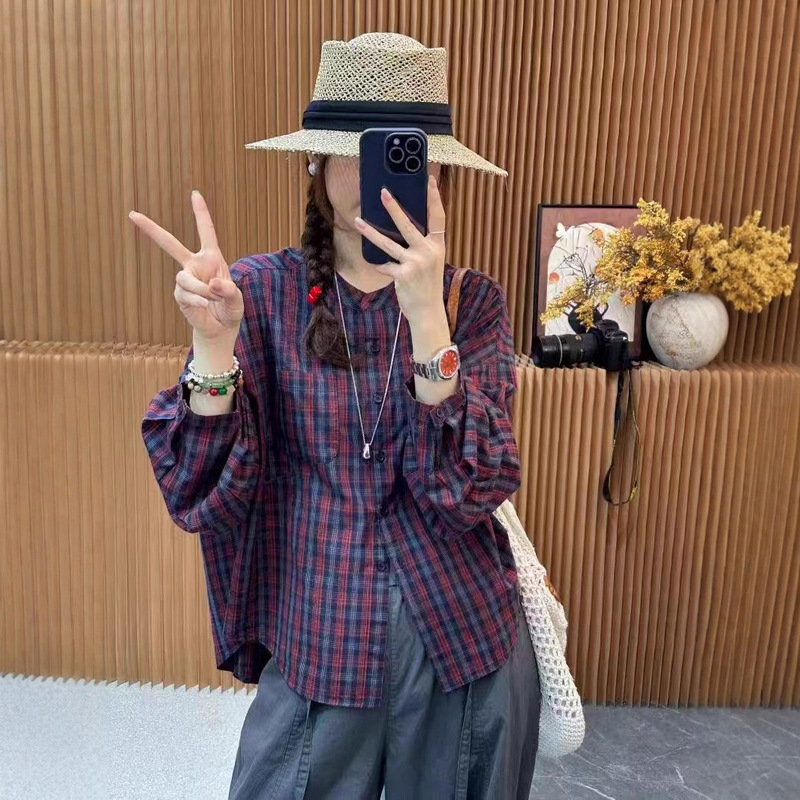 琪镌绘制格子衬衫2025秋季款复古显瘦宽松圆领长袖上衣女衬衣2960|undefined