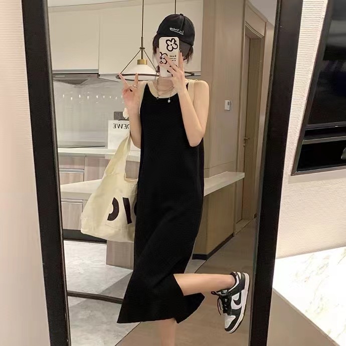 ZHIHE 니트 조끼 스커트 2024 봄 한국 캐주얼 중간 길이의 조끼 스커트 원피스 민소매 스트레이트