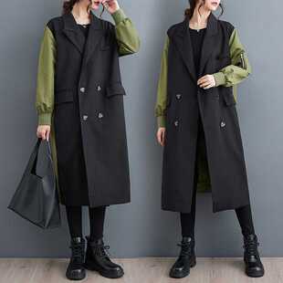 Real shot 2023 autumn and winter elegant casual color matching double-layer suit collar cardigan trench coat fashion plus size slimming coat