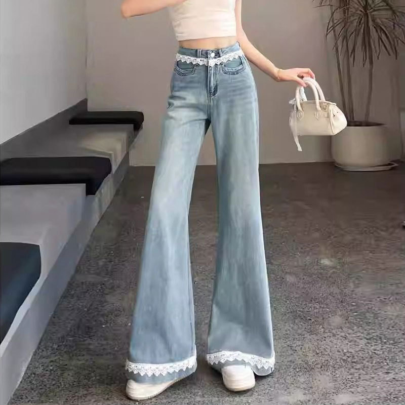 ジーンズレディース大きいサイズレッグフィットマイクロフレアパンツファットmmファッションレースハイウエストフレアワイドレッグロングパンツ|undefined