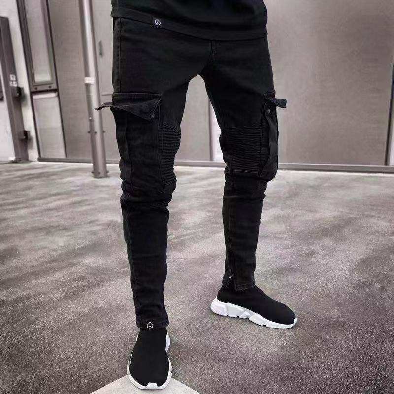 2025 Cross-Border Exclusive European and American Hot-Selling Amazon Men's Jeans Trendy Knee Ripped Zipper Slim Pants