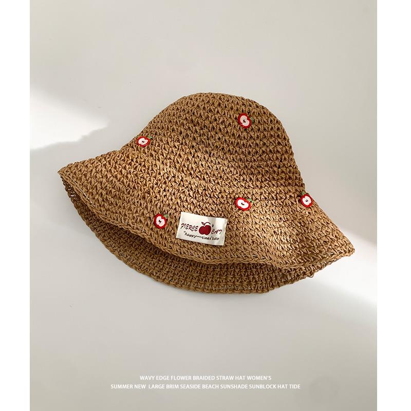 Pequeña manzana tejida sombrero de pescador de paja sombrero de verano vacaciones de playa sombrero de paja sombrero de sombrero de protección solar