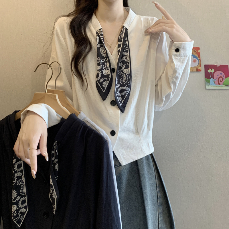 2025新款早秋女装丝巾绑带领结衬衫胖MM气质收腰外套女开衫A6651|undefined