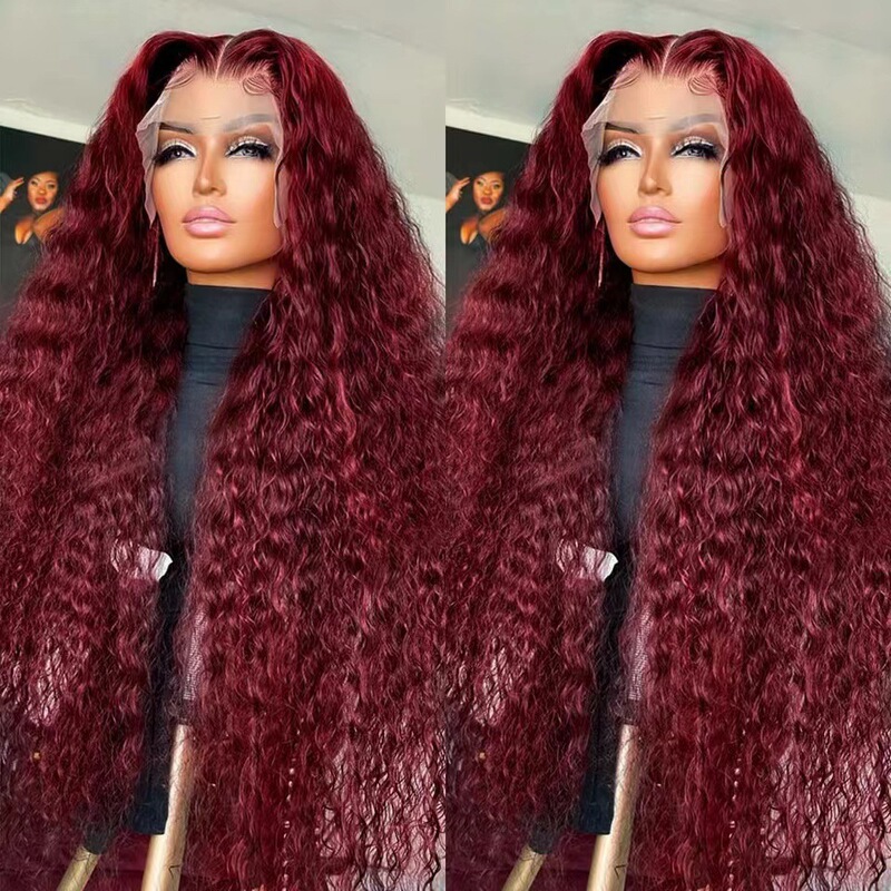 Amazon Hot Selling Front Lace Wig European and American Women's New Long Curly wine red Small Curly Long Hair Water Ripple