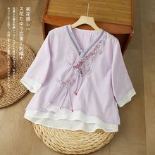 夏季民族刺绣棉麻短袖上衣宽松斜襟盘扣中袖衬衫复古中式茶服女装