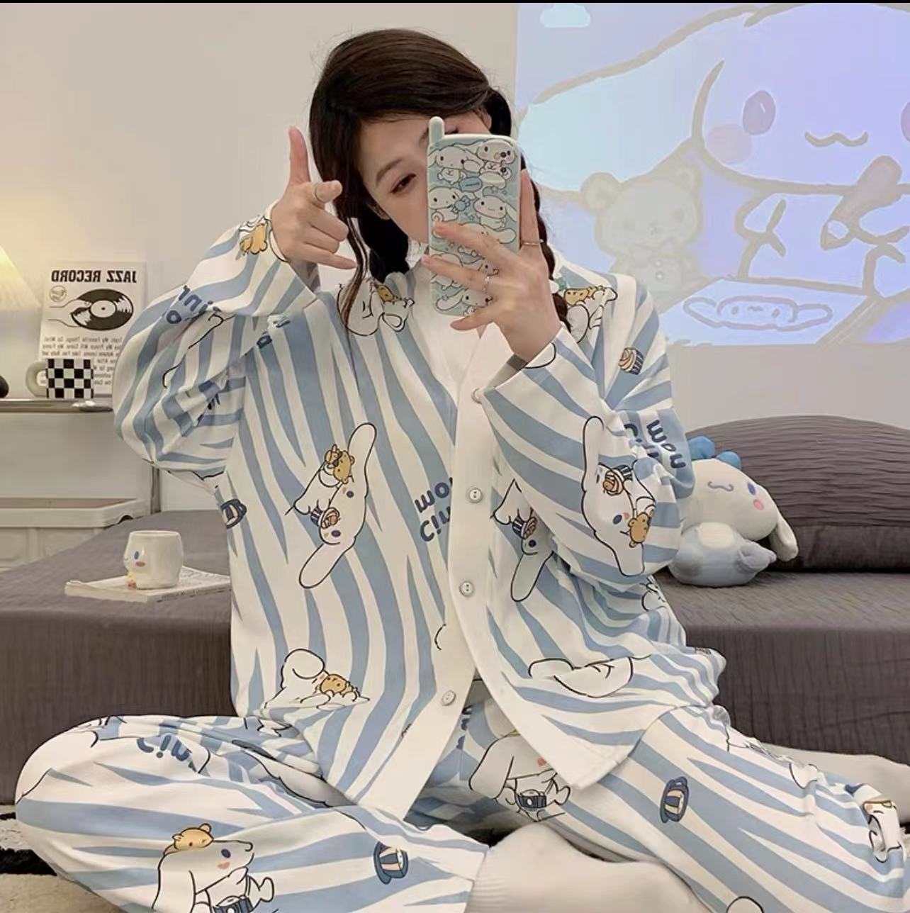 2025 pijama de perro de jade Gui primavera y otoño para mujeres manga larga dibujos animados adorables estudiantes adolescentes gran tamaño gordo mm ropa de hogar