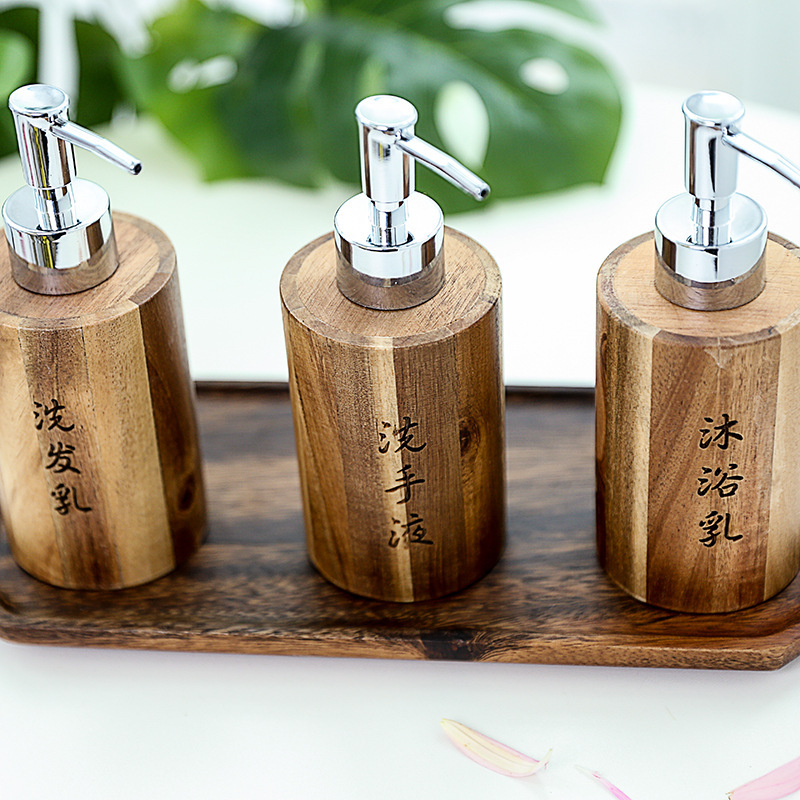 Botella dividida de madera, conjunto de botella de lavado de baño de presión, champú, desinfectante para manos, botella vacía, botella de loción portátil