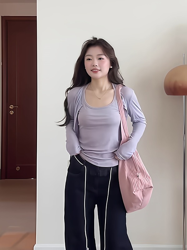 韩系纯欲辣妹紫色开衫长袖t恤女早秋季学院风叠穿吊带背心两件套|undefined