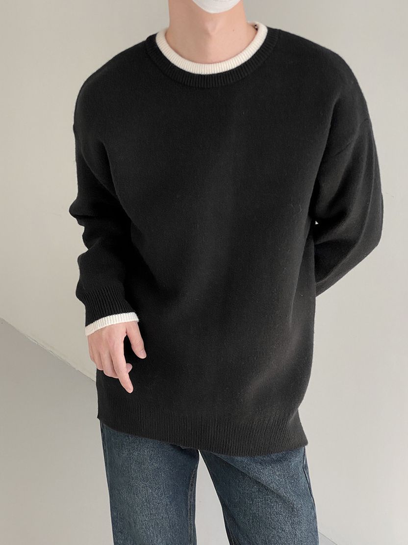 Cuello contraste Color Otoño e Invierno Nuevo suéter cuello redondo de los hombres color cálido suéter de desgaste exterior suelto estilo coreano de los hombres de moda de fondo