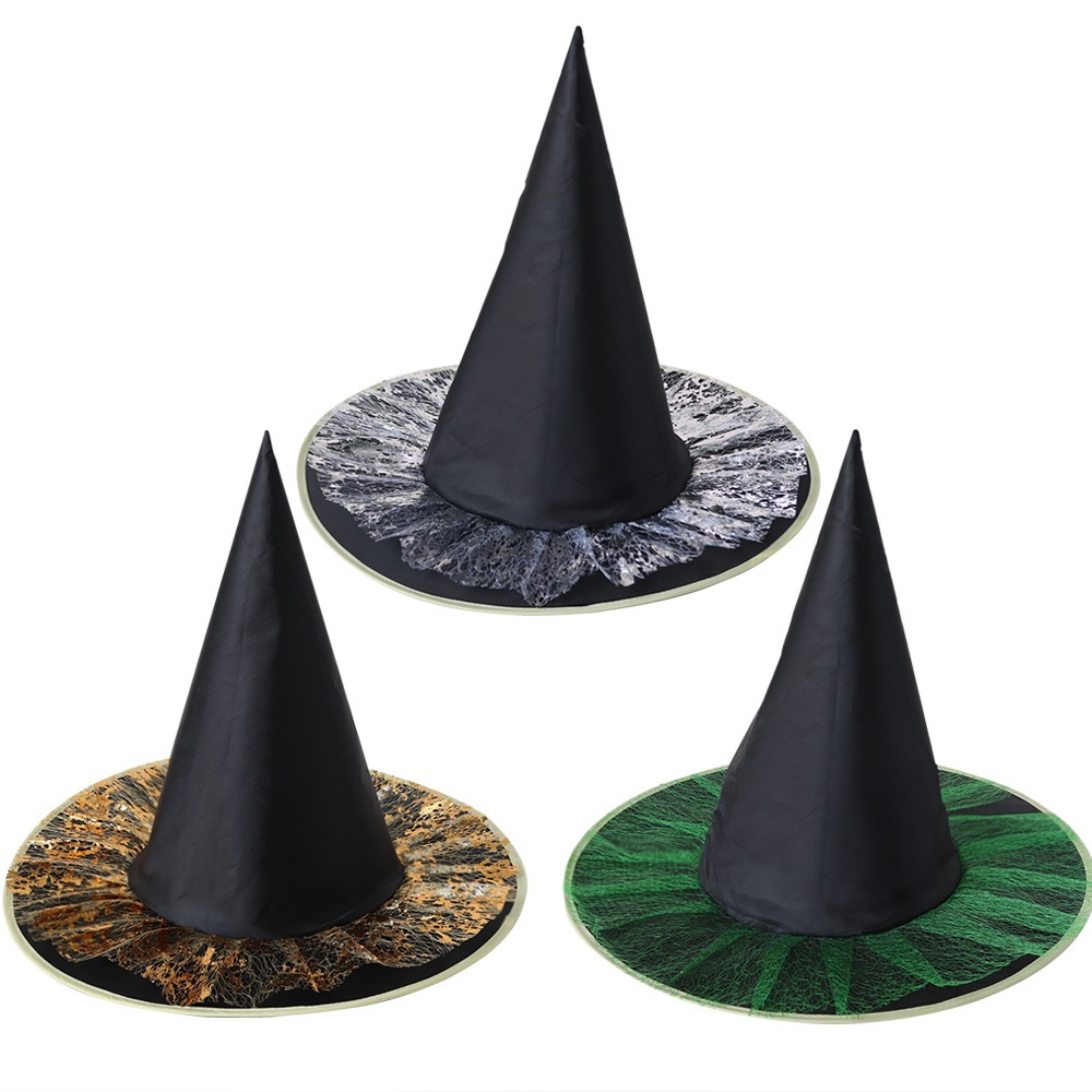 Sombreros de Halloween disfraz de baile sombrero de bruja sombrero de bruja sombrero negro Oxford encaje de oro sombrero de bruja