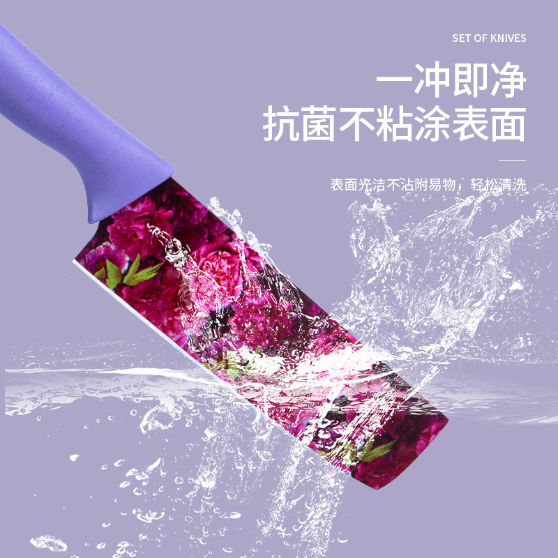 Juego de cuchillos de cocina Juego de 6 piezas de paja de trigo con estampado en color de acero inoxidable Juego de cuchillos de complementos alimenticios de cocina para el hogar al por mayor