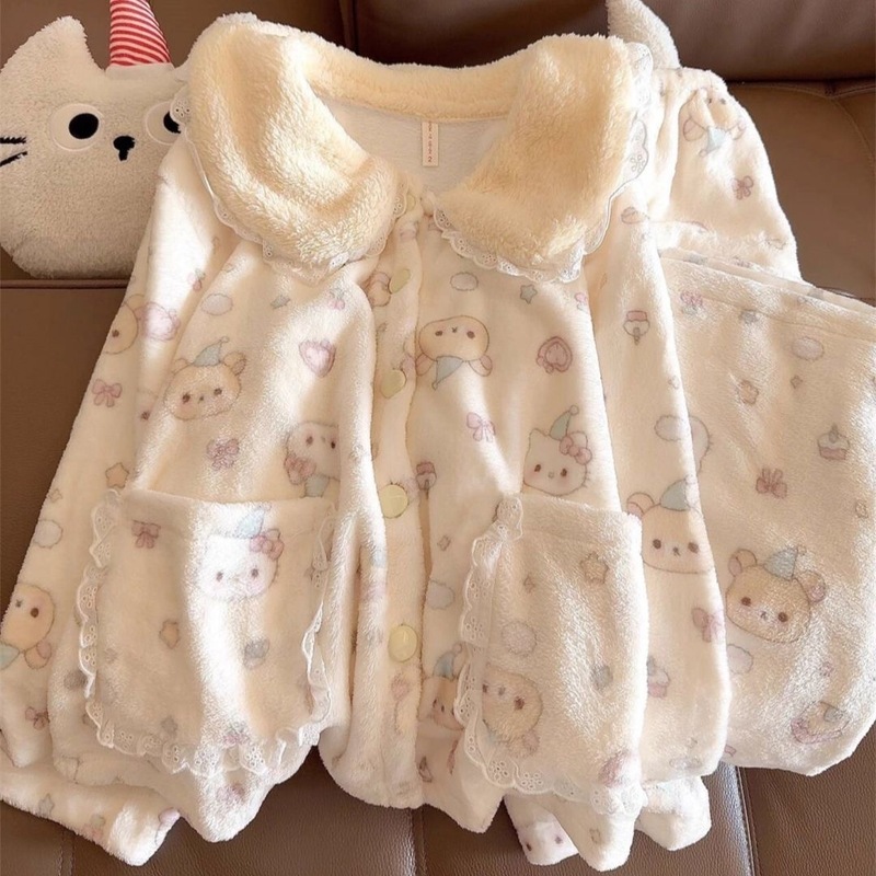 Winter Live Broadcast Popular Pajamas Women's Lapel Cardigan Thickeneded Coral Velvet Long-Sleeved Pants Cartoon Home Wear Set