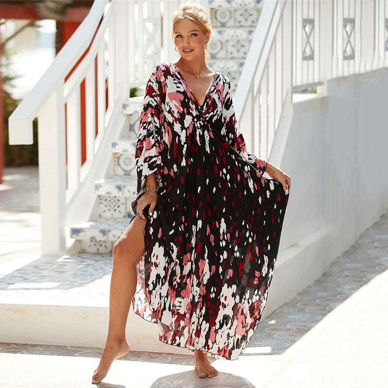 224g Weight Sunscreen Shirt Outerwear Type 3/4 Length Sleeve Sleeve Length Polyester Fabric Type Long Top Length V Neck Neckline Printing, Leopard Pattern Spring&Summer Season Women's Gender Vacation, Beach Style Women's Printing Leopard Vacation Beach Cover Ups 123