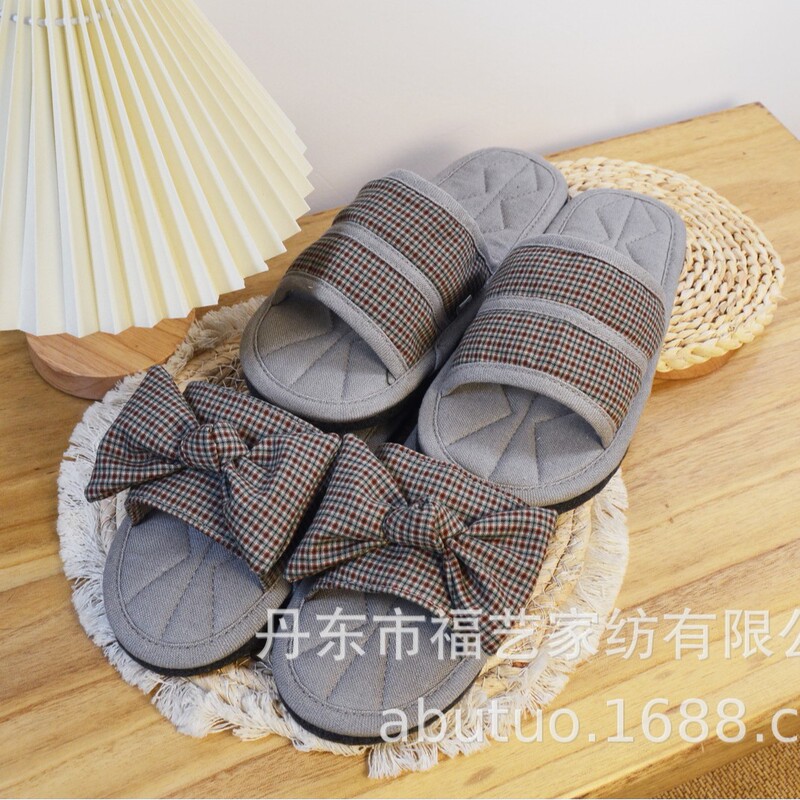 00 Manufacturer Shipped Bowknot Couple (Linen) Fabric Slippers with Soft Soles and Machine Washable Slippers