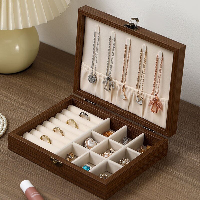 Caja de joyería de nuez caja de almacenamiento pendientes anillo collar brazalete joyería multifuncional polvo al por mayor
