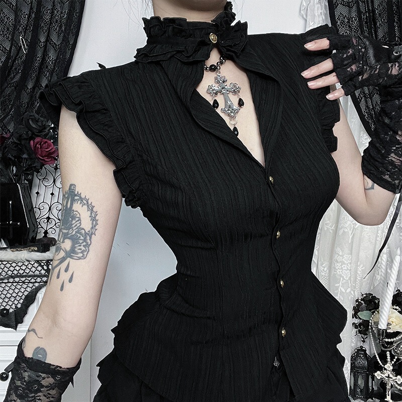 CF25194 Summer New Vintage Open-Collar Shirt, Subcultural Versatile Ruffled Waist-Cinching Design Top for Women CF25194 Summer New Vintage Open-Collar Shirt, Subcultural Versatile Ruffled Waist-Cinching Design Top for Women