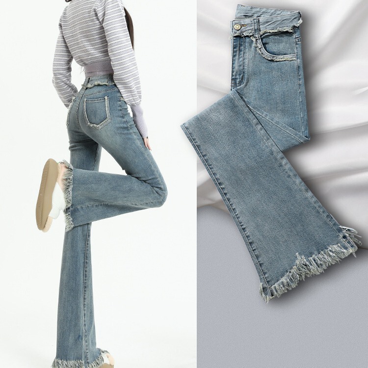 Micro-La Jeans Women's Spring and Autumn 2023 New High Waist Slimming Small Women's Light Color Burr-Edge Flared Pants for Summer