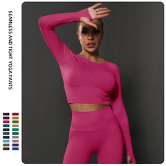 European and American cross-border fashion new seamless knit crew neck yoga clothes women's tight long sleeve running sports fitness clothing